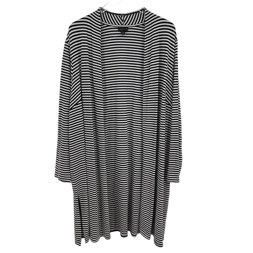 J Jill Wearever Size 2X Black & White Stripe Open Front Long Cardigan Duster